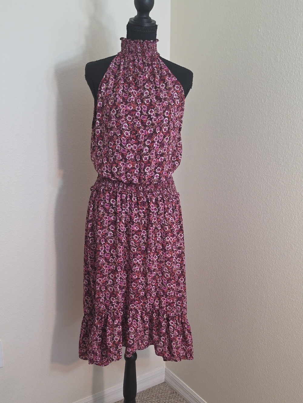 Floral Halter Midi Dress in Deep Berry